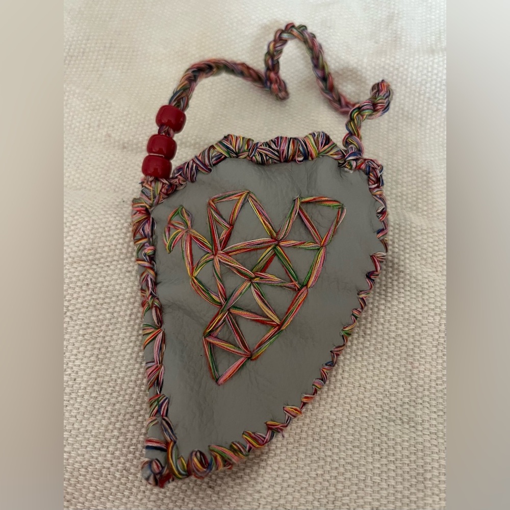 Handmade Leather Pouch Geometric Embroidery Multicolor Cord Bead Accent 5” 3.5”